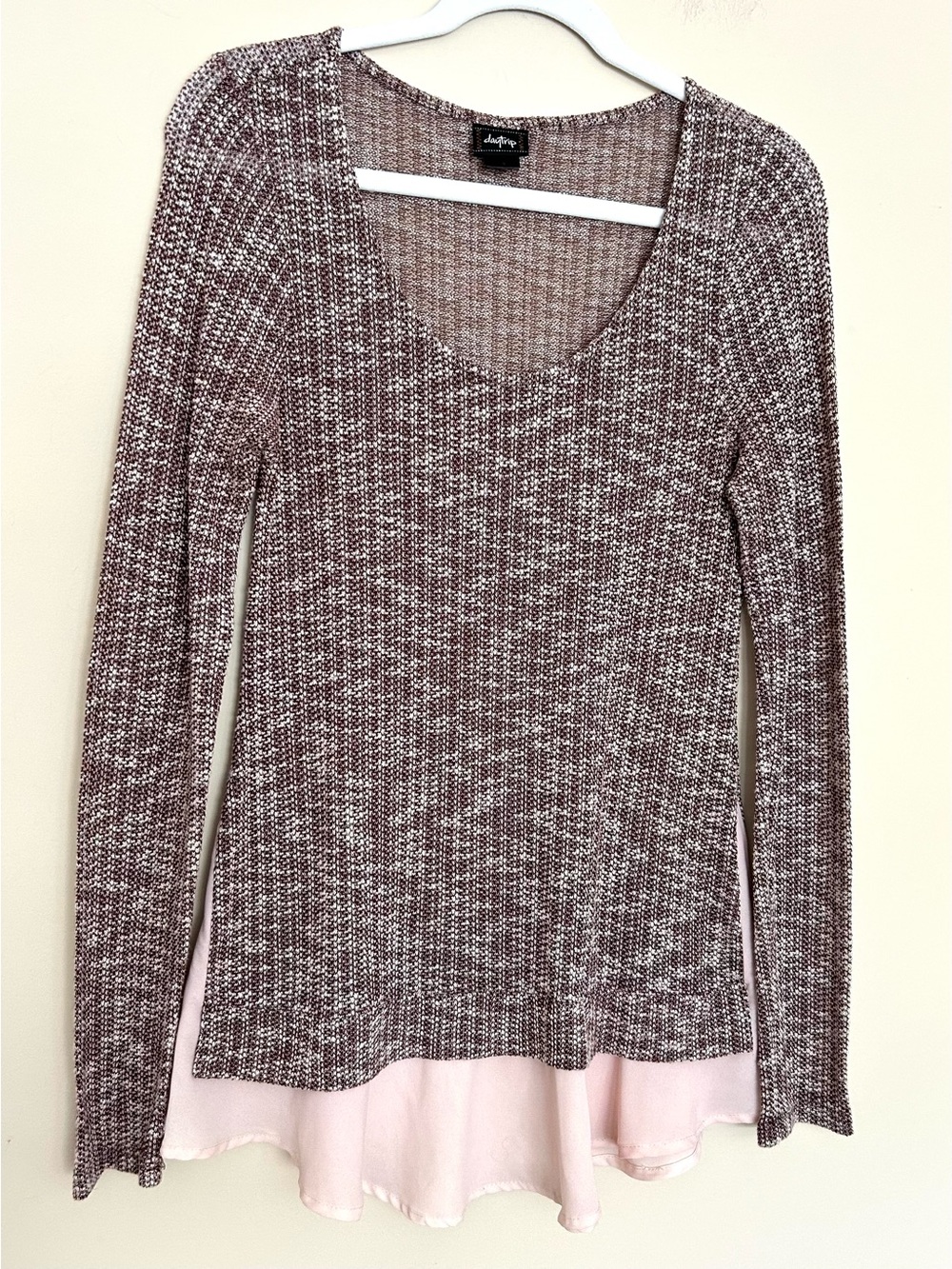 Daytrip Women’s Marled Knit Long Sleeve Top with Pink Layered Hem